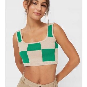 Stradivarius Green and Cream Checkered Knit Crop Top